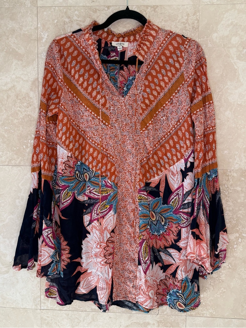 Umgee Boho Floral Peasant Blouse Bell Sleeve Mixed Print Top Size Small